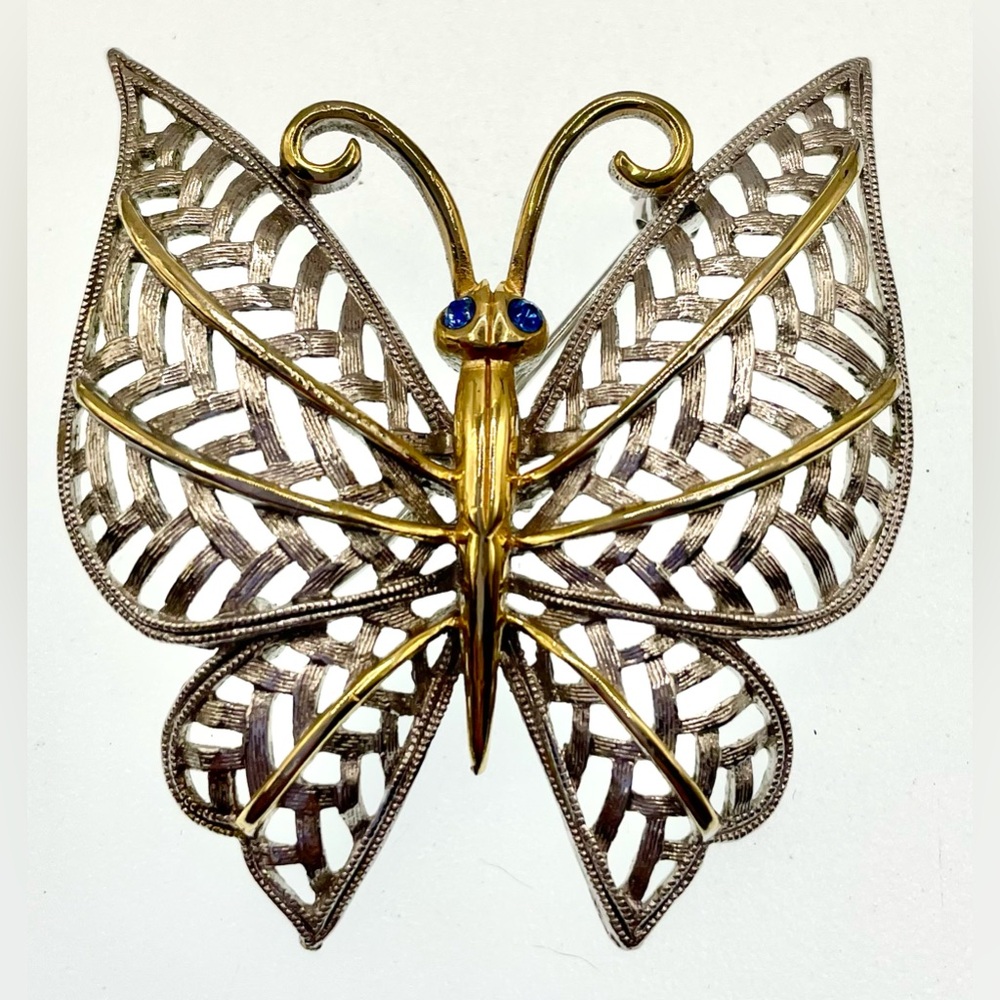 3 for $30 Vintage 1970s Avon Butterfly Brooch Gold Silver Tone Blue Crystal Eyes - Picture 2 of 7